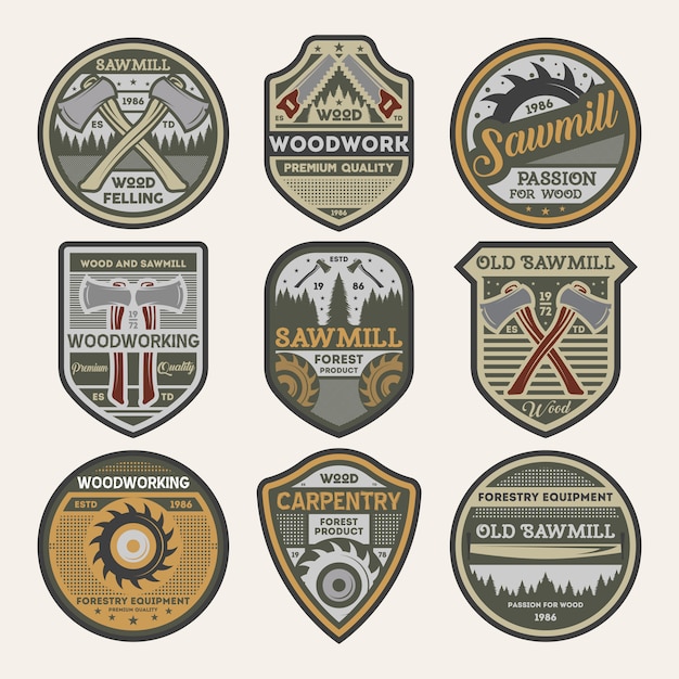 Woodwork company vintage isolated badge set