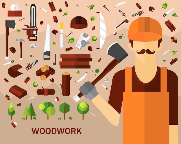 Woodwork consept background. flat icons.