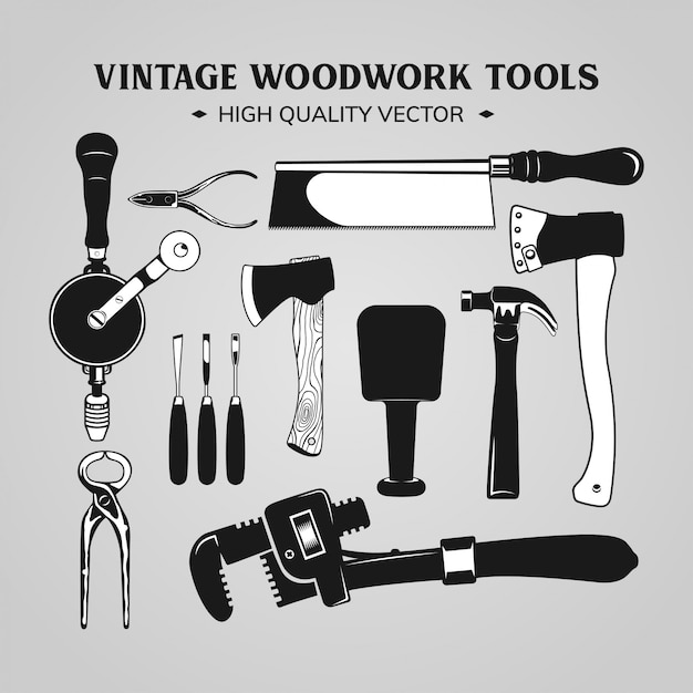 Vector woodwork stuff and tools vintage black and white vector