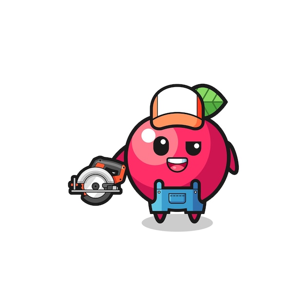 The woodworker apple mascot holding a circular saw cute design