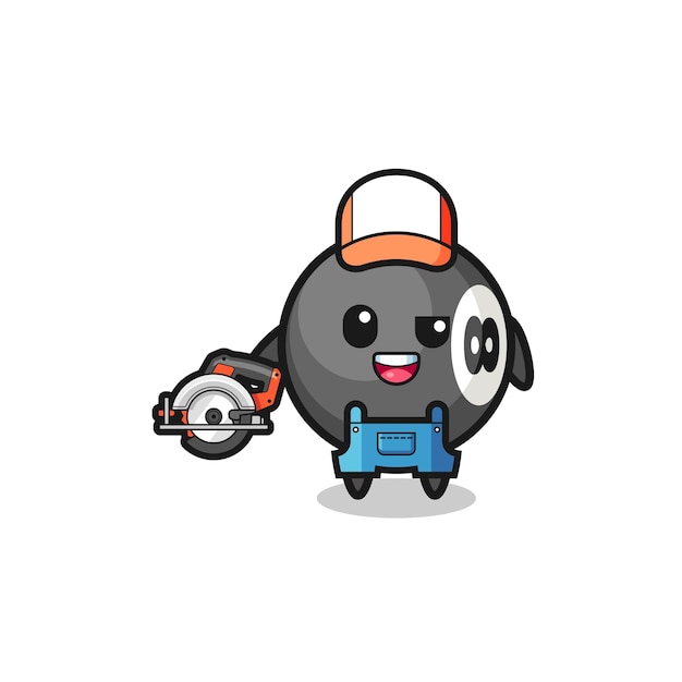 The woodworker billiard mascot holding a circular saw cute design