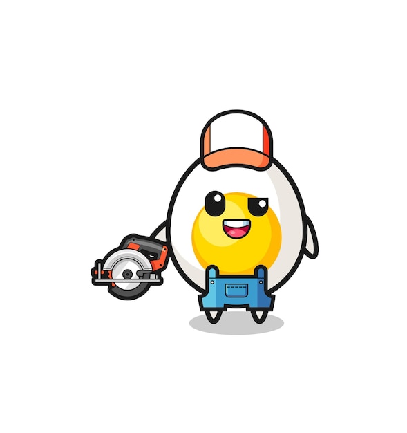 The woodworker boiled egg mascot holding a circular saw , cute design