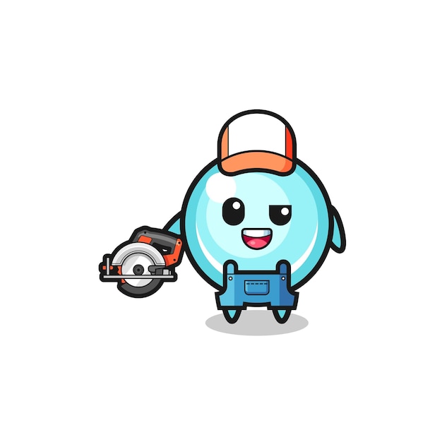 The woodworker bubble mascot holding a circular saw