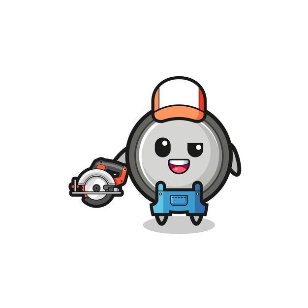 The woodworker button cell mascot holding a circular saw