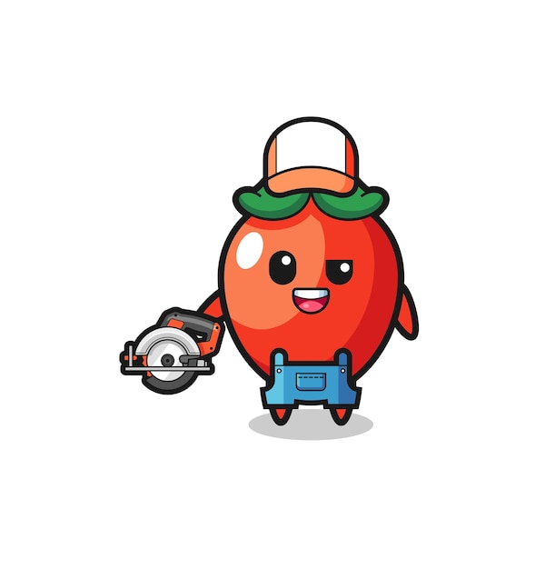 Vector the woodworker chili pepper mascot holding a circular saw