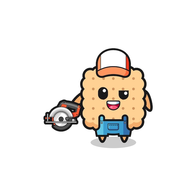 The woodworker cracker mascot holding a circular saw , cute design