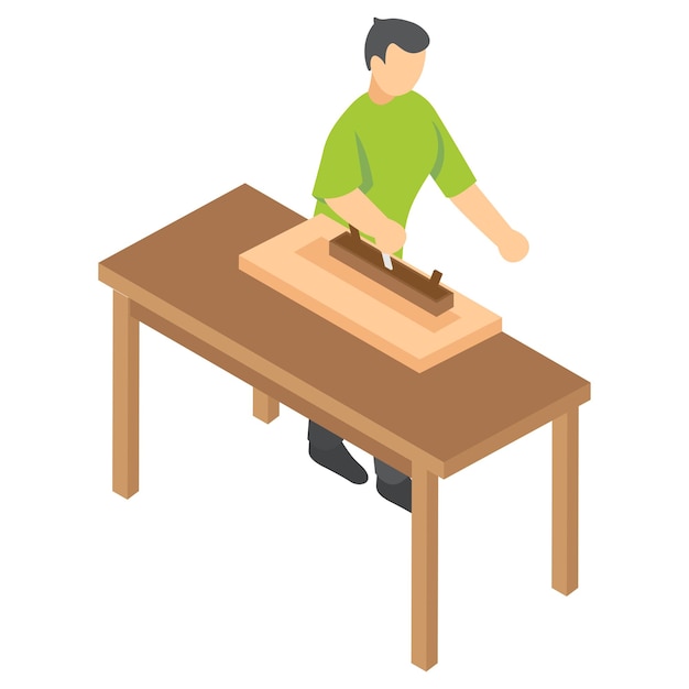 woodworker making furniture isometric Concept carpenter with plane tool Crafting occupations hobby