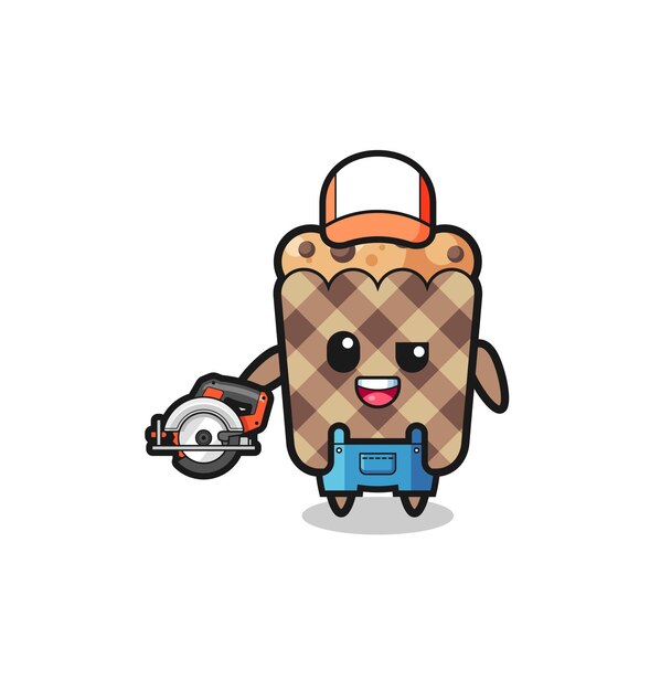 Vector the woodworker muffin mascot holding a circular saw  cute design