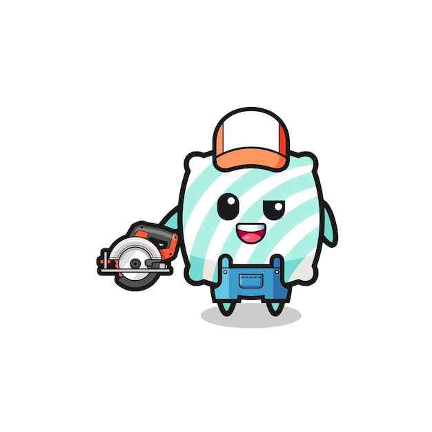 The woodworker pillow mascot holding a circular saw , cute design