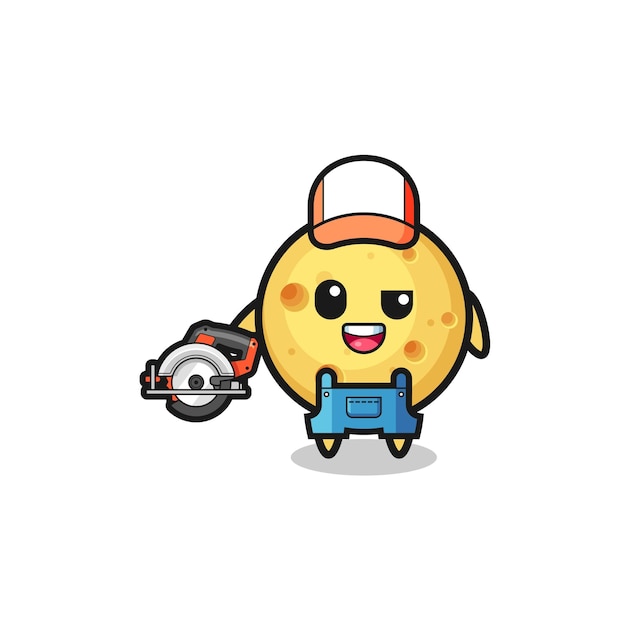 The woodworker round cheese mascot holding a circular saw