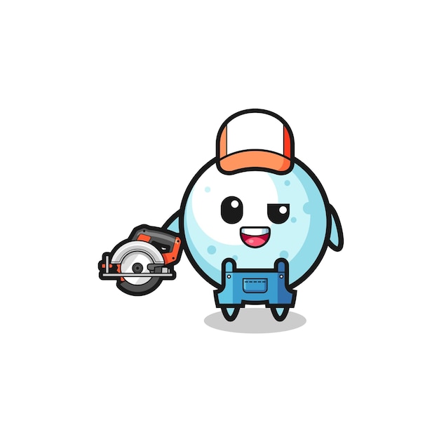 The woodworker snow ball mascot holding a circular saw