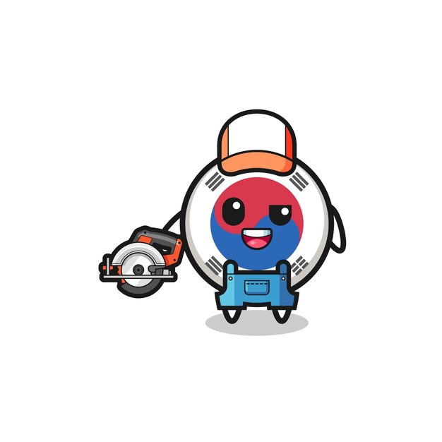 The woodworker south korea flag mascot holding a circular saw  cute design