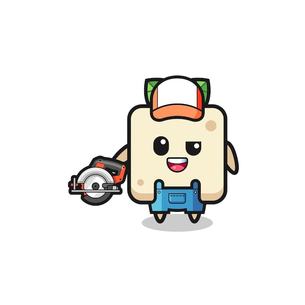 The woodworker tofu mascot holding a circular saw cute design