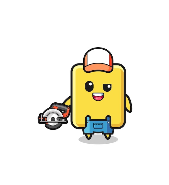 the woodworker yellow card mascot holding a circular saw
