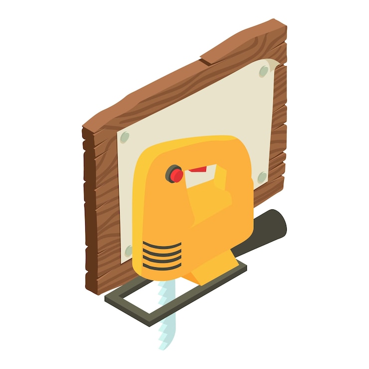 Vector woodworking icon isometric vector electric jigsaw near old wooden board icon construction and repair work