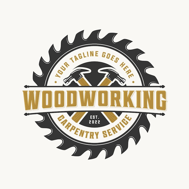 Woodworking logo, carpenter logo design with hammer and circular saw or blade, carpentry logo emblem