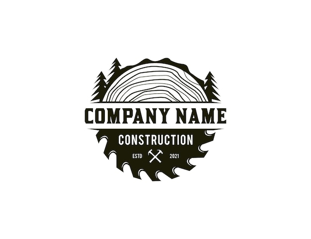 Vector woodworking logo with saw blade and tree line icon