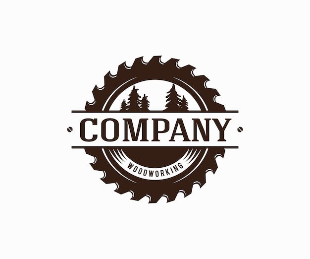 Vector woodworking logo with saw blade and tree line icon