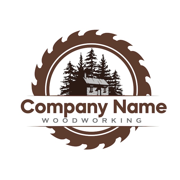 Vector woodworking logo with saw blade and trees