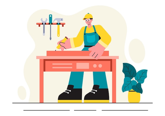 woodworking vector illustration featuring modern craftsmen and workers producing furniture using tools in a flat cartoon style background