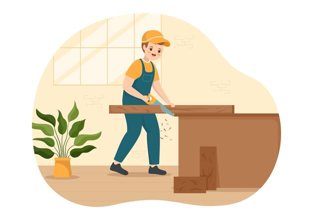 Woodworking with Wood Cutting by Modern Craftsman in Hand Drawn Template Illustration