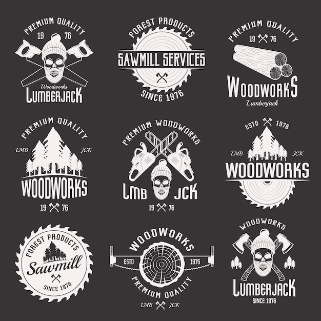 Vector woodworks monochrome emblems of sawmill and lumberjack services with working tools isolated