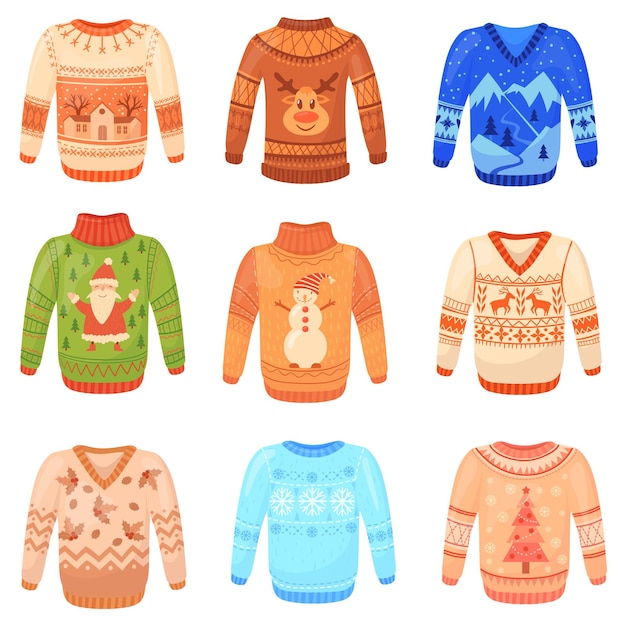 양모 못생긴 스웨터 재미있는 크리스마스 스웨터 니트 풀오버 눈사람 북유럽 장식용 눈송이 또는 산타 겨울 할머니 점퍼 크리스마스 12월 휴일 깔끔한 벡터 그림