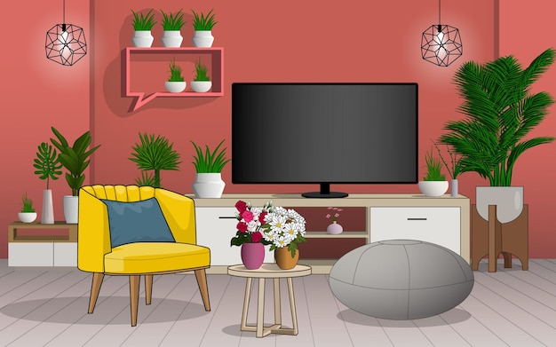 Vector woonkamer interieur design sofa tv bloemen bloem vectorillustratie