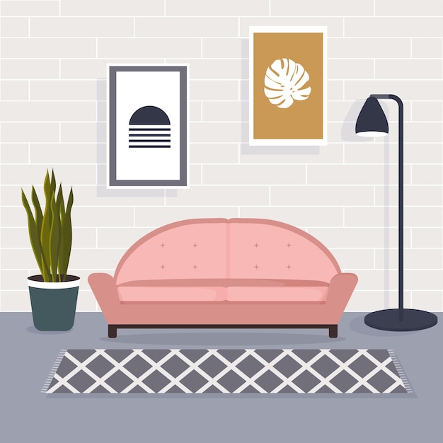 Woonkamer interieur met comfortabele banklamp en plant cartoon vectorillustratie