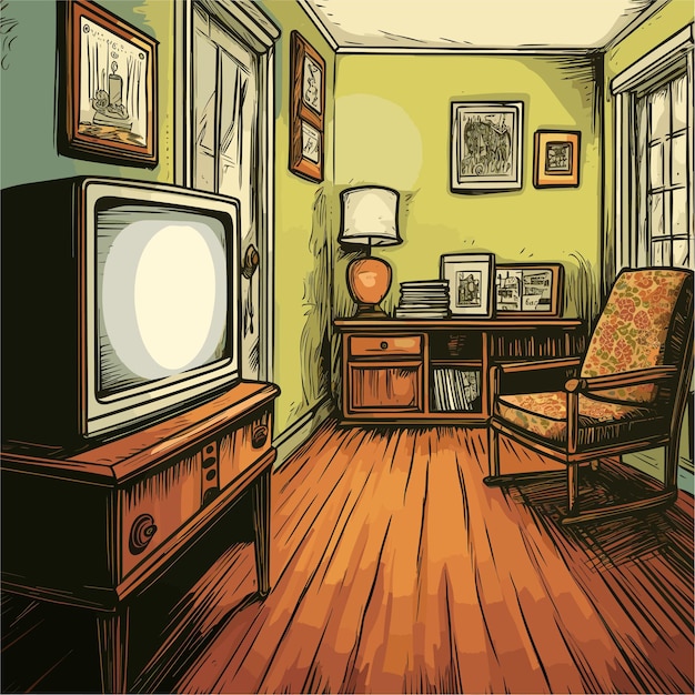 Vector woonkamer interieur met tv en bank achteruitzicht illustratie stijl