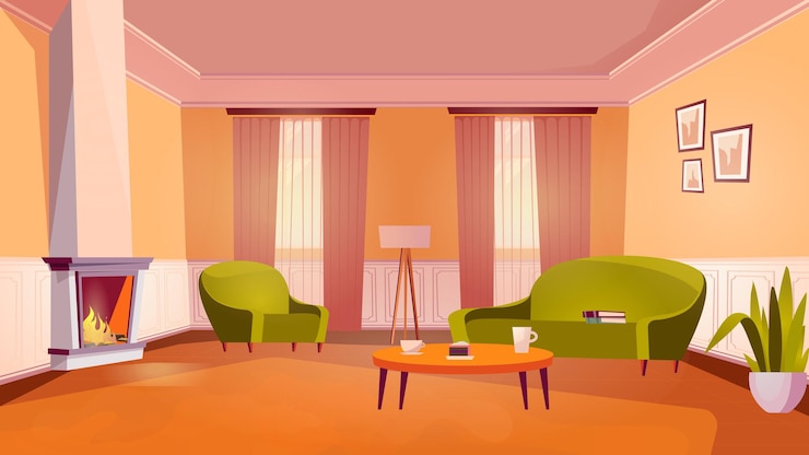 Vector woonkamer interieurconcept in platte cartoon design. gezellige kamer met meubilair en decor. appartement met bank, fauteuil, open haard, salontafel, kamerplant, ramen. vector afbeelding achtergrond