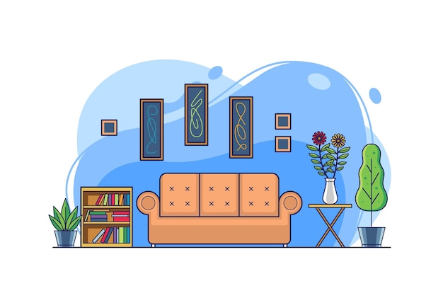 Woonkamer met bank, bloempot, boekenkast, planten schattig interieur illustratie ontwerp