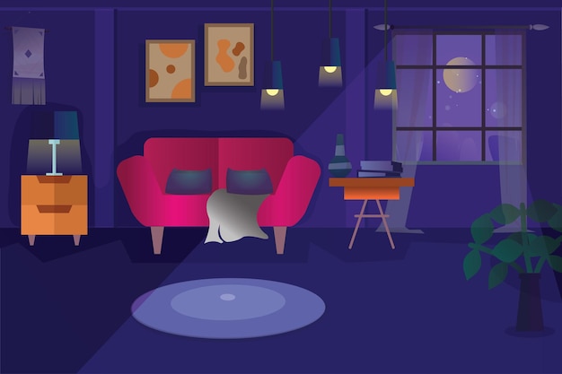 Woonkamer met banken 's nachts cartoon donkere lounge interieur stijl boho illustraties.