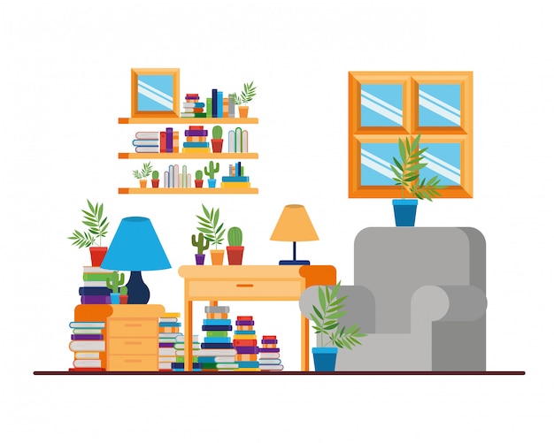 Vector woonkamer met bureau en boeken