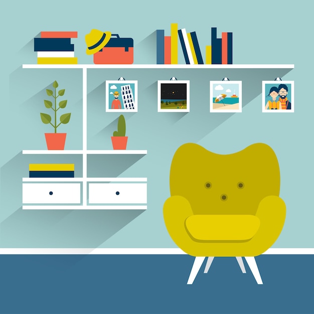 Woonkamer met fauteuil en boekenplanken Platte ontwerp vectorillustratie