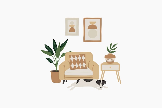 Woonkamer met hond in boho-stijl vectorillustratie