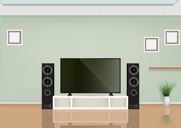 Woonkamer met smart tv op tafel en speaker audio. illustratie.