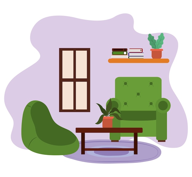 Woonkamer stoelen tafel met potplanten plank boeken en raam illustratie