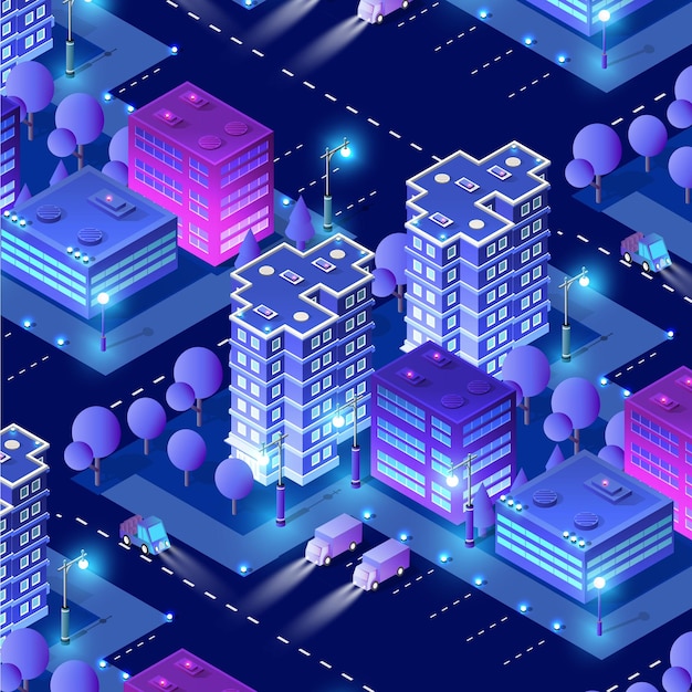 Woonstad nacht stad stedelijke 3D illustratie van neon ultraviolet