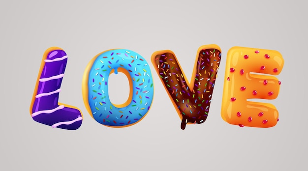 Woord liefde gemaakt van zoete donuts gelukkige valentijnsdag concept