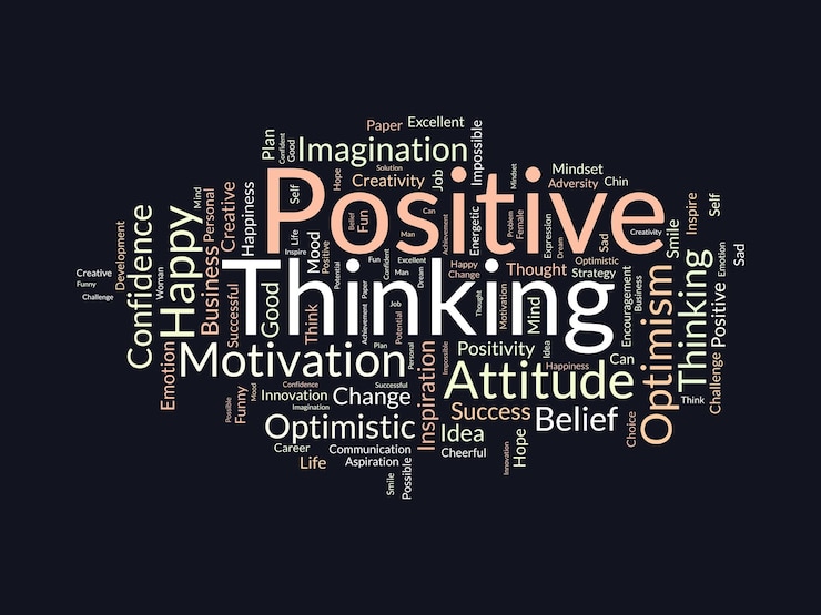 Vector woordwolk achtergrondconcept voor positief denken succes houding creatieve mindset van innovatie optimisme vector illustratie