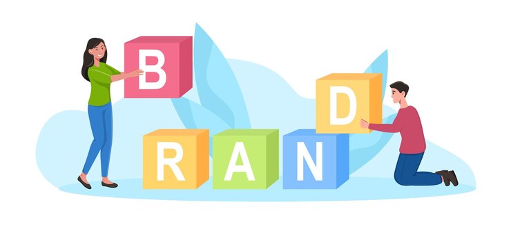 Vector word brand made from cubes man and woman carrying letters marketing sales business brand