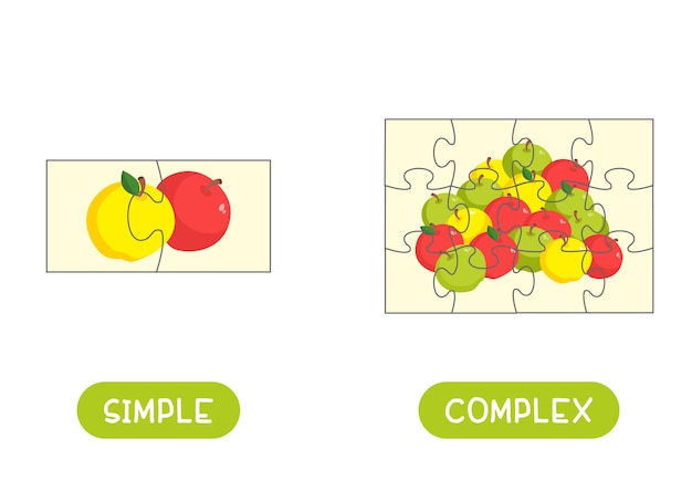 Карточка слова с шаблоном головоломки. Флэшка для английского языка с мозаикой. Концепция противоположностей, простая и сложная.