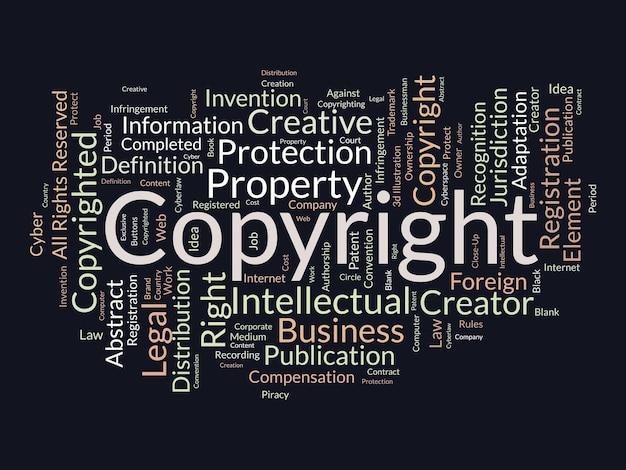 Word cloud achtergrond concept voor Copyright Intellectuele eigendom wettelijk handelsmerk eigenaar van zakelijke juiste vectorillustratie