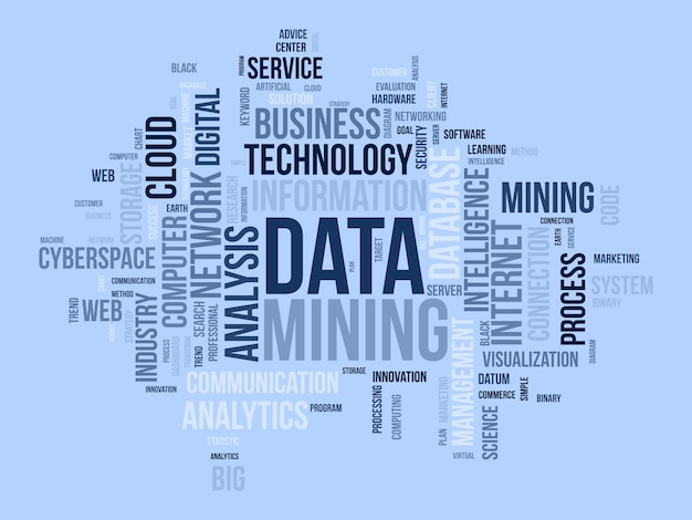 Word cloud achtergrond concept voor Data mining Internet technologie database mining voor web software beheer vectorillustratie