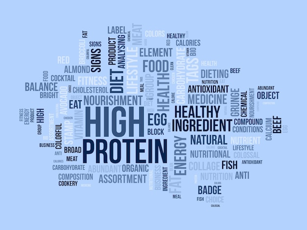 Word cloud achtergrond concept voor eiwitrijk verander uw levensstijl met gezonde voeding biologisch voedsel eten vectorillustratie