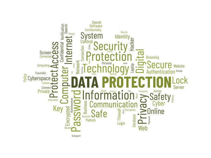 Vector word cloud achtergrond concept voor gegevensbescherming digitale beveiliging netwerktechnologie encryptie van cyber cloud veiligheid vectorillustratie