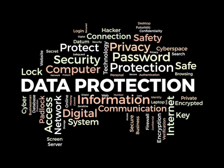 Vector word cloud achtergrond concept voor gegevensbescherming digitale beveiliging netwerktechnologie encryptie van cyber cloud veiligheid vectorillustratie