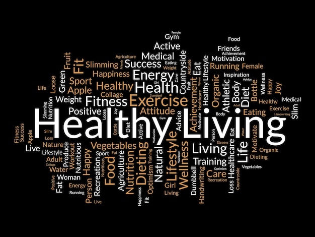 Word cloud achtergrond concept voor gezond leven dieet oefening fit levensstijl met biologisch voedsel van het eten van energie vectorillustratie