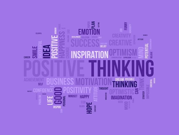 Vector word cloud achtergrond concept voor positief denken succes houding creatieve mentaliteit van innovatie optimisme vectorillustratie